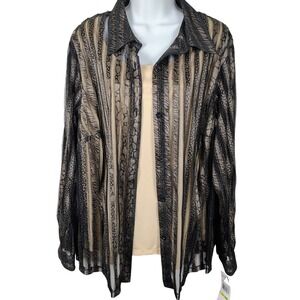 VTG NOS Alfred Dunner 18W Black Champagne Mesh Striped Shirt Camisole Set dark